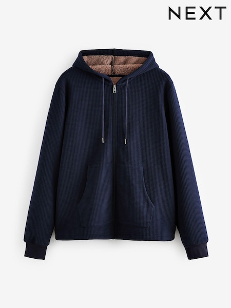 Navy Blue Zip Through Fleece Borg Lined Textured Hoodie (129488) | €21.50