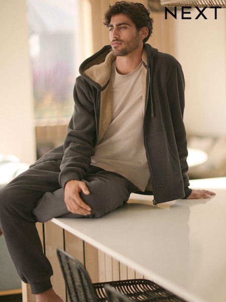 Slate Grey Fleece Borg Lined Textured Hoodie (129531) | $52