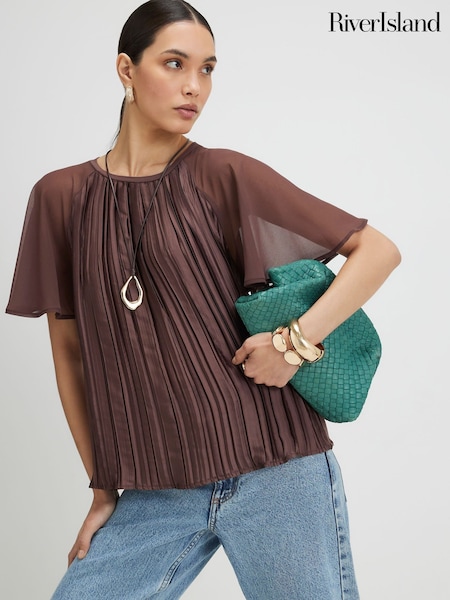 Brown - River Island Short Sleeve Pleated Hybrid T-shirt