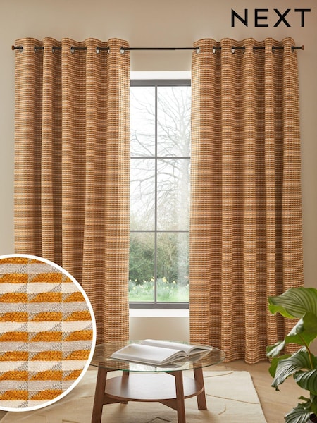 Ochre Yellow Geometric Chenille Eyelet Lined Curtains (130100) | €26 - €70