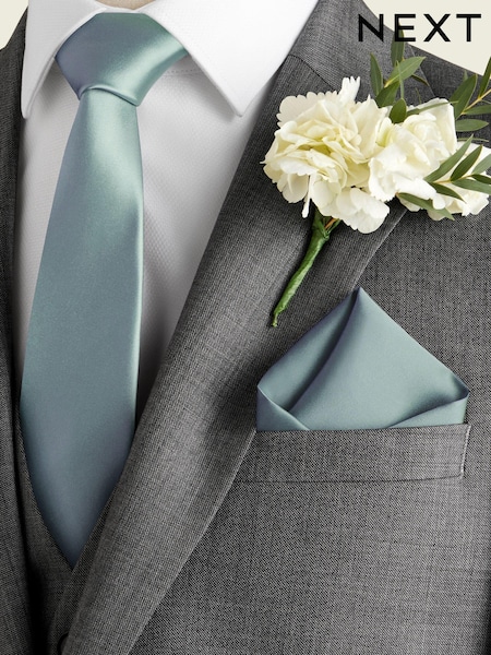 צבע ירוק עדין - גזרה צרה - Silk Tie And Pocket Square Set (130275) | ‏96‏₪