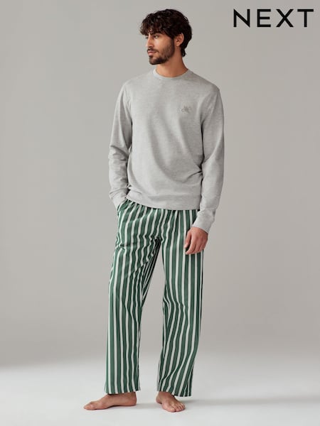 Grey/Green Stripe Woven Sweatshirt Pyjamas Set (130377) | $36