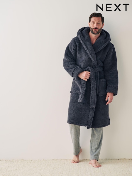 Slate Grey Fleece Borg Hooded Dressing Gown (130852) | AED98