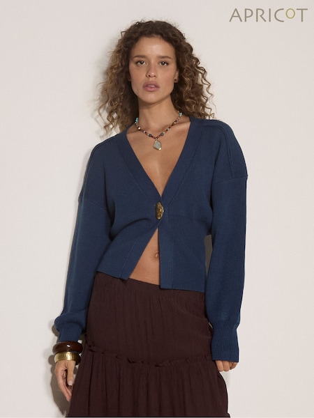 Blue - Apricot Ribbed Knit Hammered Button Cardigan