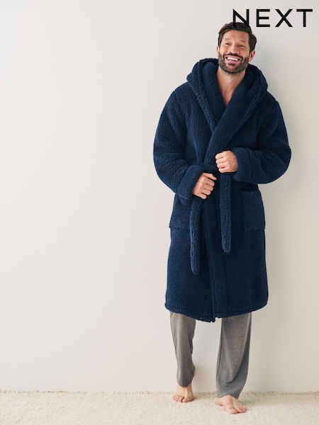 Navy Blue Fleece Borg Hooded Dressing Gown (130935) | AED70