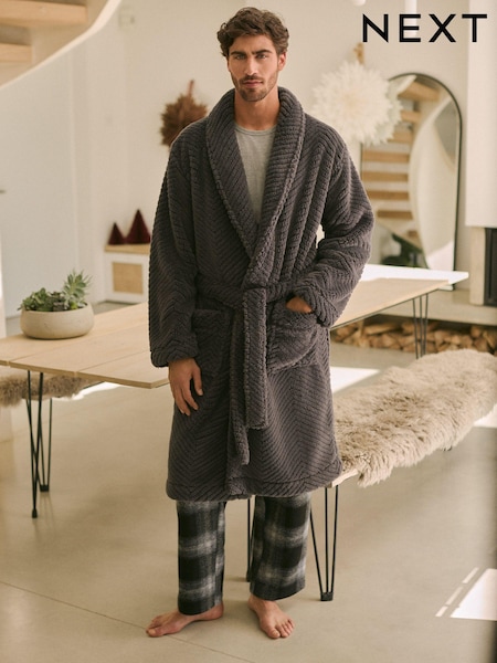 Slate Grey Textured Fleece Dressing Gown Robe (130947) | AED98