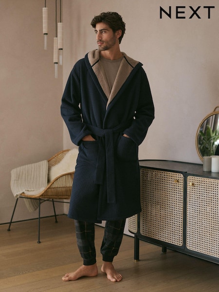 Navy Blue Fleece Borg Lined Textured Dressing Gown (131024) | €24