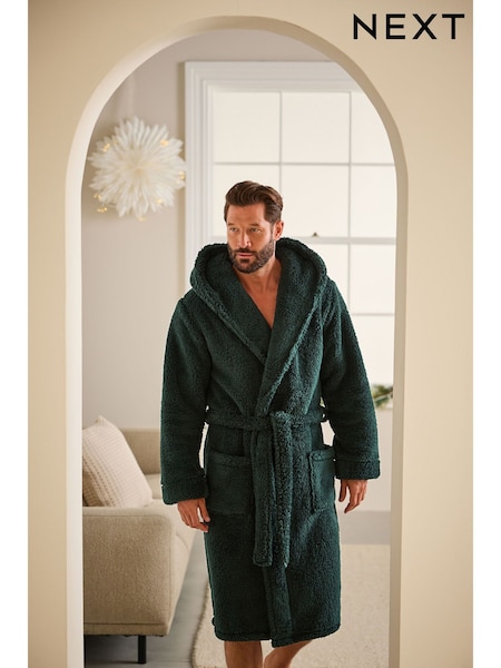Khaki Green Fleece Borg Hooded Dressing Gown (131098) | AED70