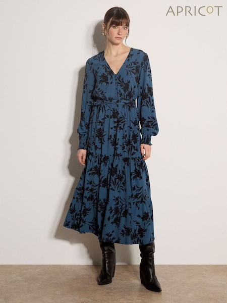 Blue - Apricot Floral Crepe Midi Dress