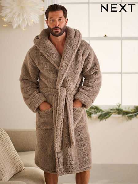 Stone Neutral Fleece Borg Hooded Dressing Gown (131132) | AED70