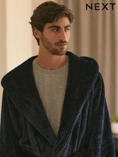 Navy Blue Textured Hooded Fleece Dressing Gown (131135) | AED109