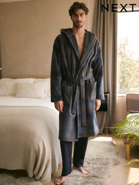 Navy Blue Check Fleece Borg Lined Dressing Gown Robe (131138) | AED128