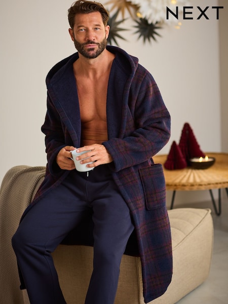 Navy Blue/Orange Check Fleece Borg Lined Dressing Gown Robe (131140) | AED127