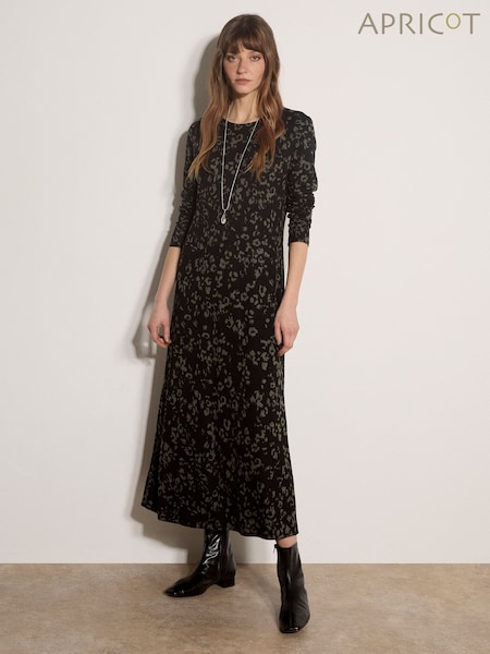 Green - Apricot Jersey Knit Leopard Print Maxi Dress