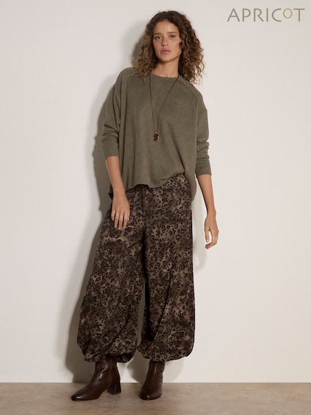 Brown - Apricot Leopard Print Wide-leg Woven Trousers