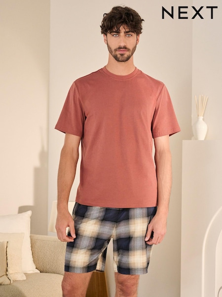 Orange/Stone Check 100% Cotton Motionflex Cosy Short Pyjamas Set (131515) | €12