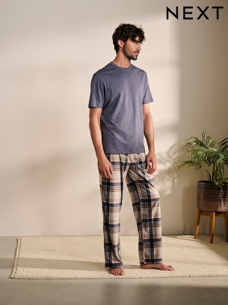 Grey/Stone Check Motionflex Cosy 100% Cotton Pyjamas Set (131644) | €15