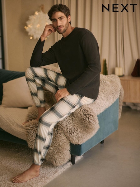 Black/Stone Check Cosy Textured Long Sleeve Pyjamas Set (131737) | AED65