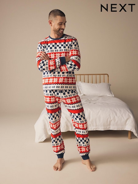 Red/Navy Blue 100% Cotton Matching Family Mens Christmas Ho Ho Ho Fairisle Pattern Pyjamas (131862) | €18