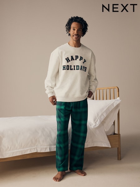 Grey/Green Mens Matching Family Christmas Happy Holidays Pyjamas (131907) | €21.50