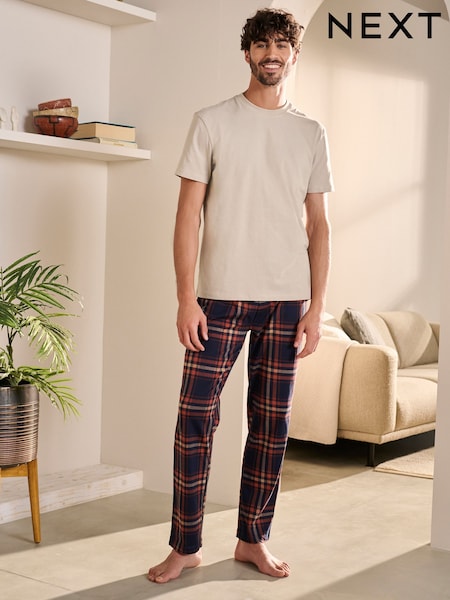 Navy Blue/Rust Check 100% Cotton Pyjamas Set (132079) | 83 QAR