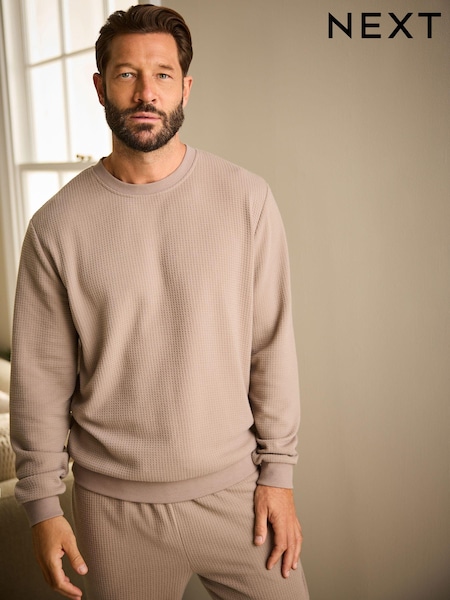 Stone Neutral Soft Waffle Long Sleeve Pyjamas Set (132225) | 178 QAR