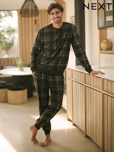 Black/Grey Check Cosy Long Sleeve Pyjamas Set (132227) | AED65