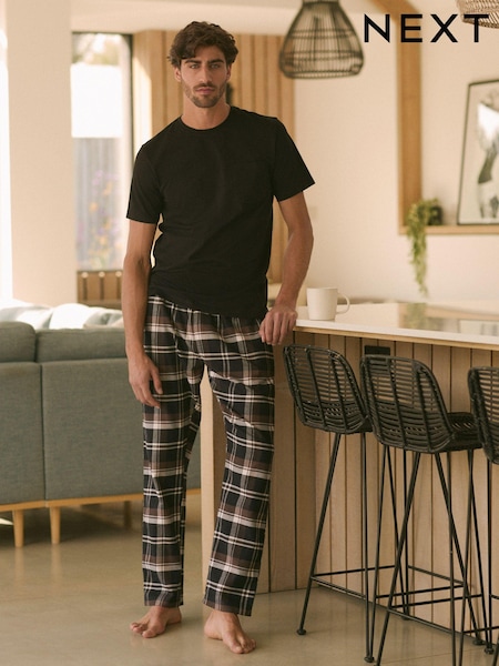 Black/Brown Short Sleeve 100% Cotton Woven Pyjamas Set (132369) | AED98