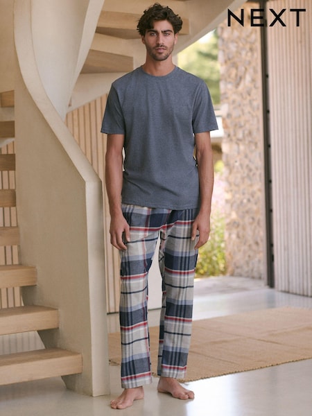 Blue/Grey Short Sleeve 100% Cotton Woven Pyjamas Set (132381) | €17.50