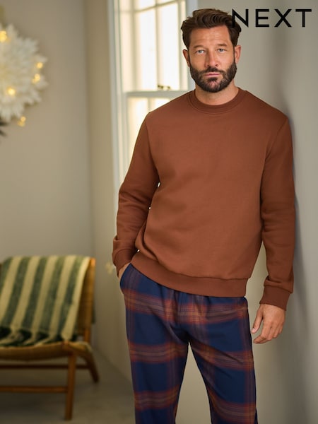 Orange/Navy Blue Check Crew Neck Sweatshirt Pyjamas Set (132449) | €26