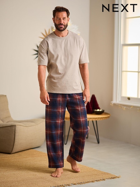 Stone Neutral/Navy Blue Check Cosy Brushed Pyjamas Set (132521) | AED78