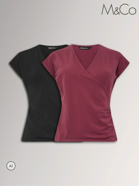 Black - M&co Cotton Wrap Tops 2 Pack