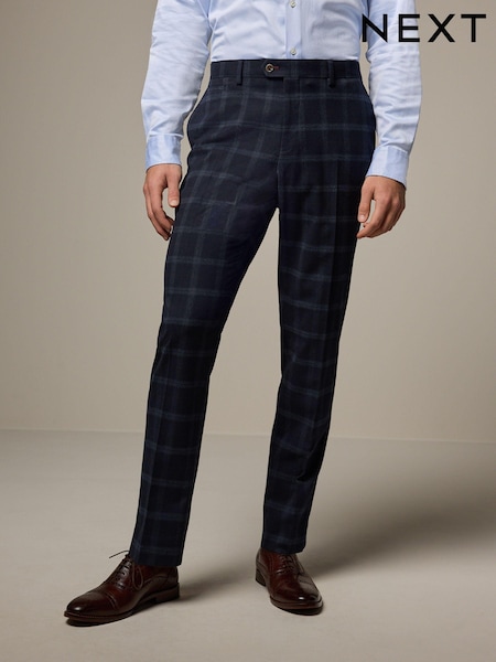 Navy Blue Tailored Fit Check Flannel Suit Trousers (133414) | AED43