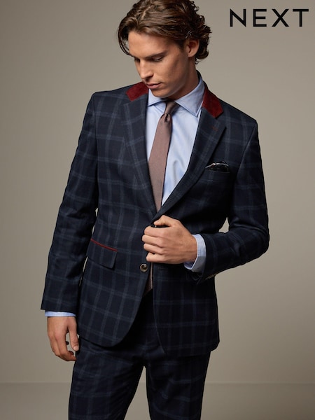 Navy Blue Tailored Fit Check Flannel Suit Jacket (133436) | AED216
