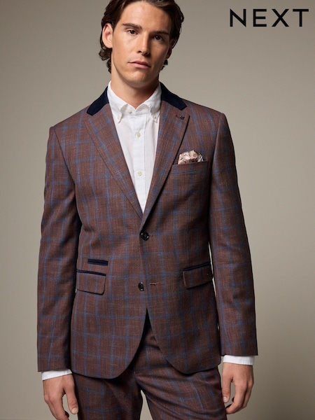 Rust Brown Tailored Fit Trimmed Check Suit Jacket (133555) | AED216
