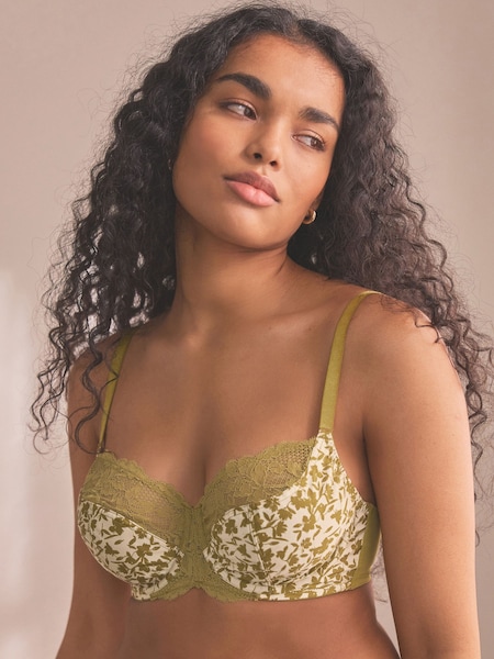 Green Floral Print Single DD+ Non Pad Wired Full Cup Microfibre Lace Bras (134192) | €11