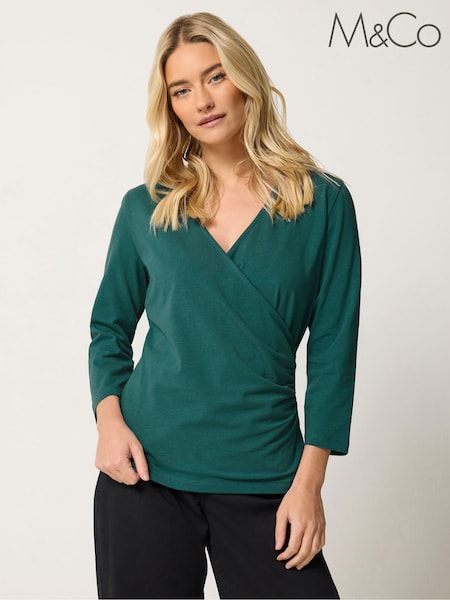 Green - M&co Cotton Rich 3/4 Sleeve Wrap Top