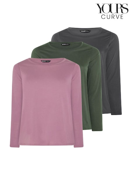 Green - Yours Curve Long Sleeve Core T-shirts 3 Pack