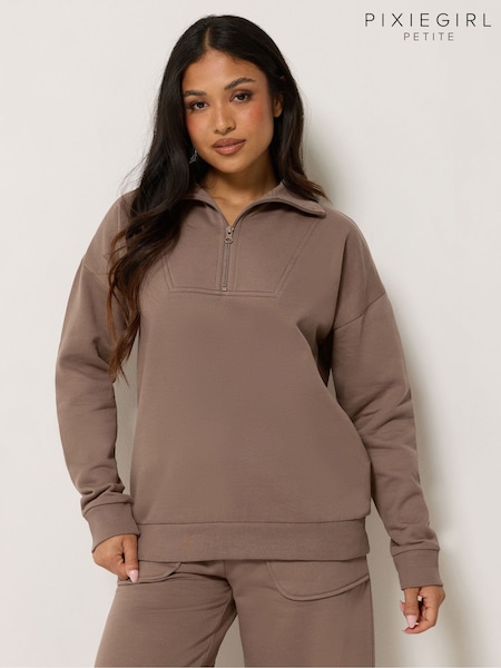 Brown - Pixiegirl Petite Funnel Neck Half Zip Sweatshirt