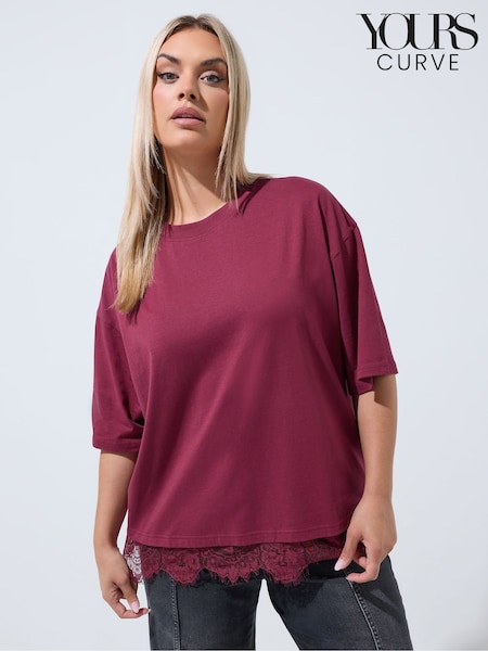 Red - Yours Curve Limited Lace Hem T-shirt