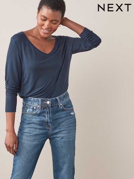 Navy Slouch V-Neck Long Sleeve T-Shirt (136504) | €6.50