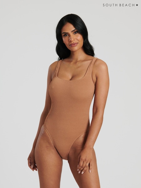 Bej - Costum South Beach Crinkle Textured Decolteu adânc (137204) | 107 LEI