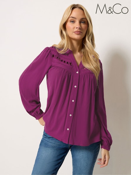 Purple - M&co Crochet Insert Long Sleeve Blouse