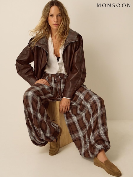 Brown - Monsoon Maya Check Print Balloon Trousers