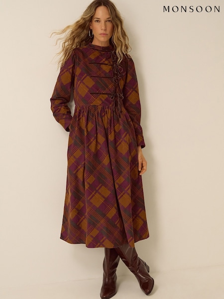 Brown - Monsoon Melinda Check Print Corduroy Midi Dress