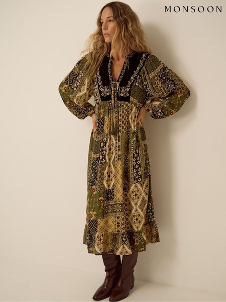 Green - Monsoon Laoise Floral Patchwork Midi Dress