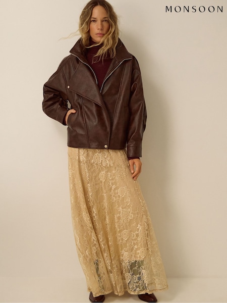 Brown - Monsoon Grace Faux Leather Bomber Jacket