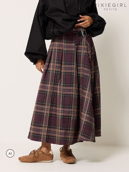 Bordeauxrood - Pixiegirl Petite Checked Buckle Midi Skirt