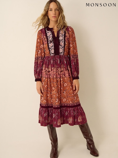 Red - Monsoon Hunter Floral Print Jersey Midi Dress