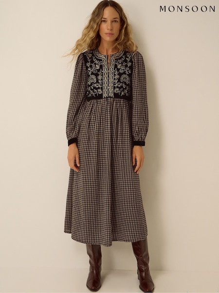 Black - Monsoon Elise Embroidered Check Print Midi Dress